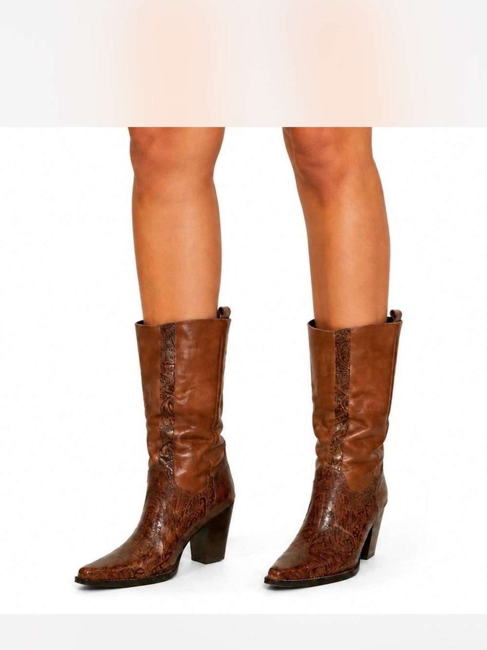 ANTONIO MELANI Brown Embossed Leather Western Mid-Calf Boots